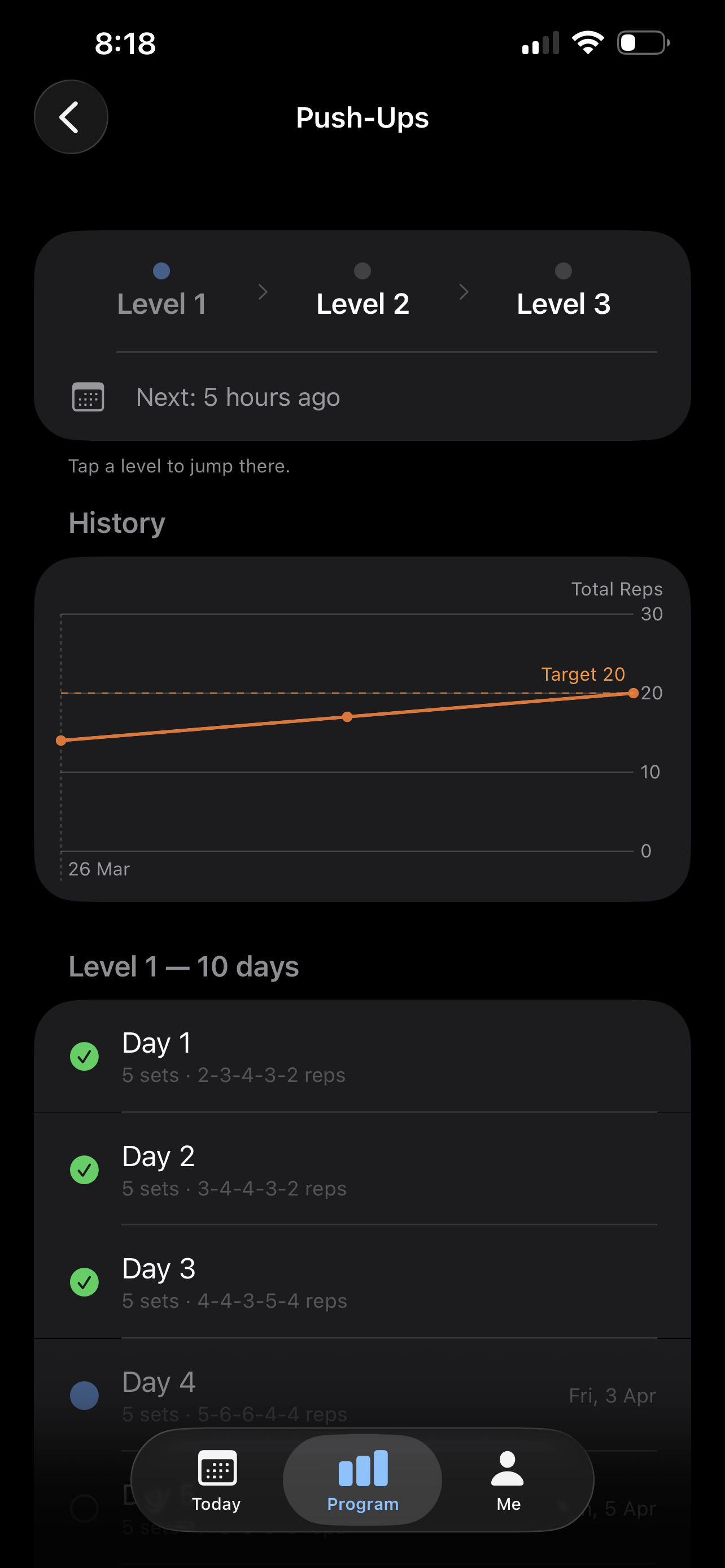 Exercise detail with level progression and history