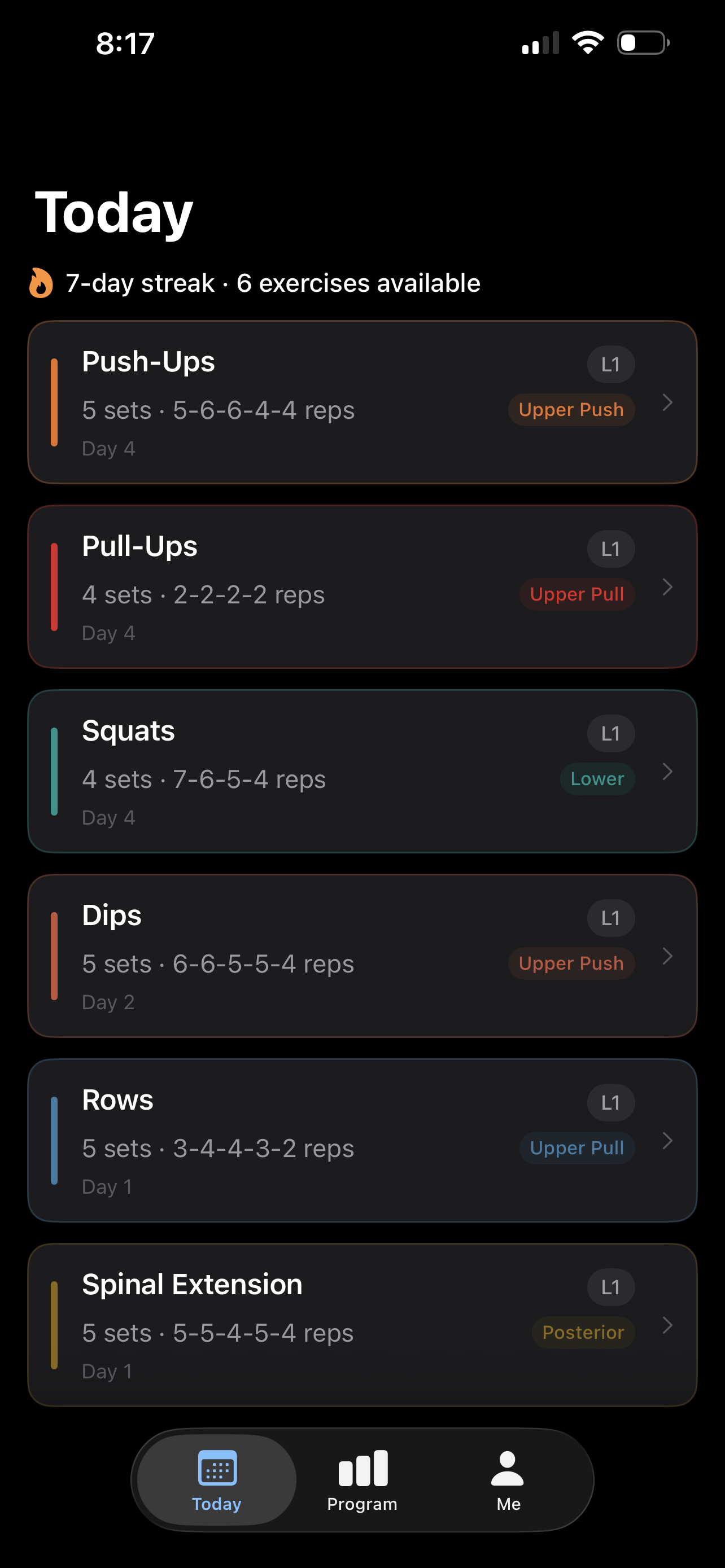 Today view showing your daily exercises
